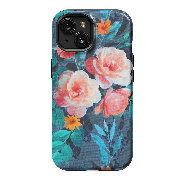 iPhone 15 StrongFit Retro Rose Chintz in Radiant Coral on Blue by Micklyn Le Feuvre