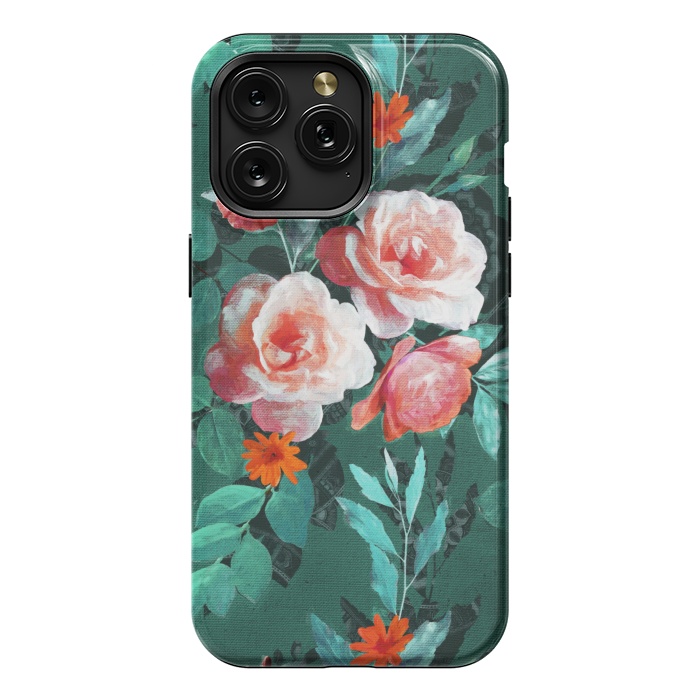 iPhone 15 Pro Max StrongFit Retro Rose Chintz in Melon Pink on Dark Emerald Green by Micklyn Le Feuvre