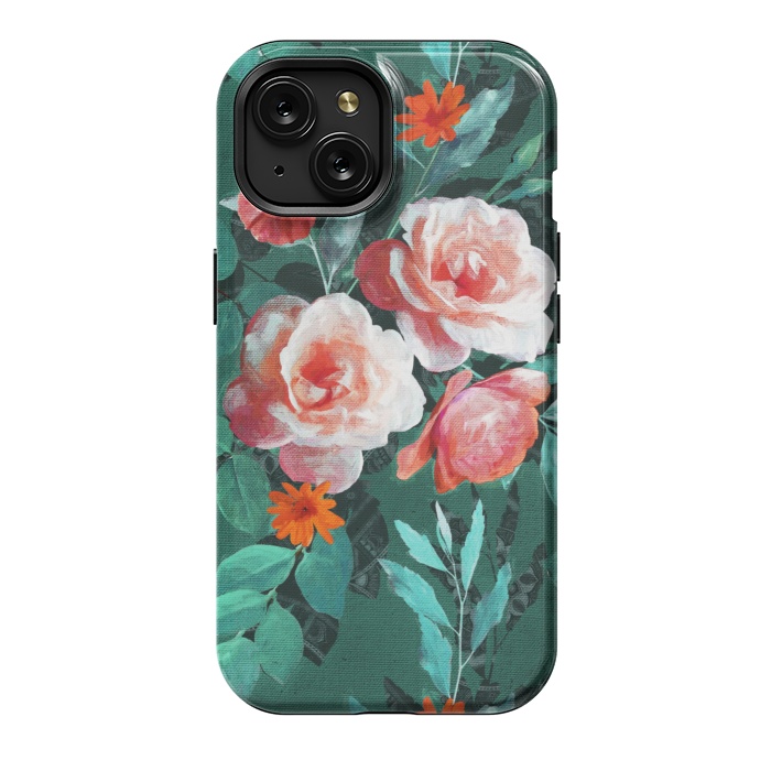 iPhone 15 StrongFit Retro Rose Chintz in Melon Pink on Dark Emerald Green by Micklyn Le Feuvre