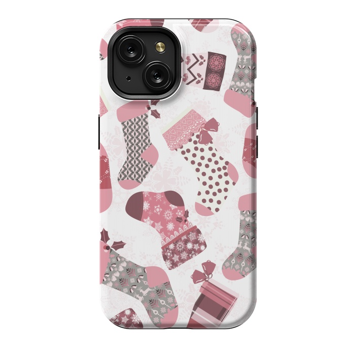 iPhone 15 StrongFit Christmas Stockings in Pink and Gray by Paula Ohreen