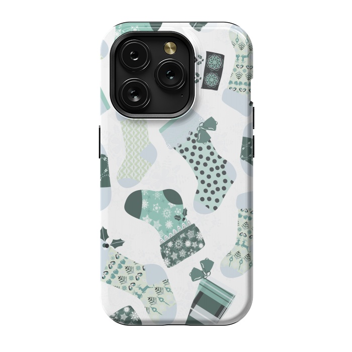 iPhone 15 Pro StrongFit Christmas Stockings in Green and White by Paula Ohreen