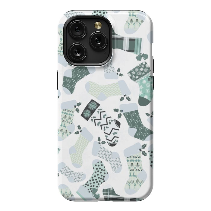 iPhone 15 Pro Max StrongFit Christmas Stockings in Green and White by Paula Ohreen