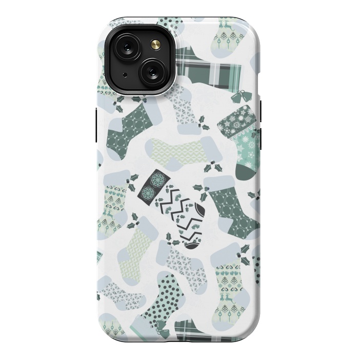 iPhone 15 Plus StrongFit Christmas Stockings in Green and White by Paula Ohreen