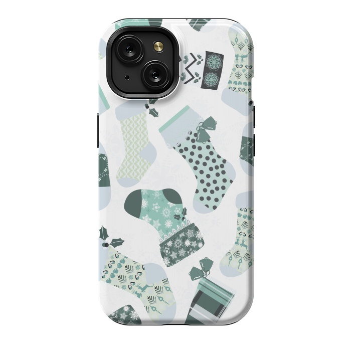 iPhone 15 StrongFit Christmas Stockings in Green and White by Paula Ohreen