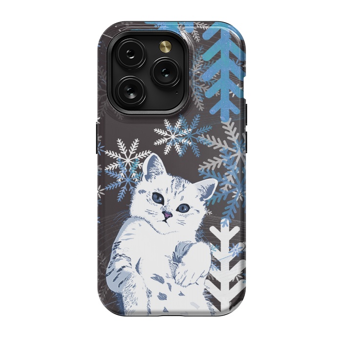 iPhone 15 Pro StrongFit Cute kitty with blue metallic snowflakes by Oana 