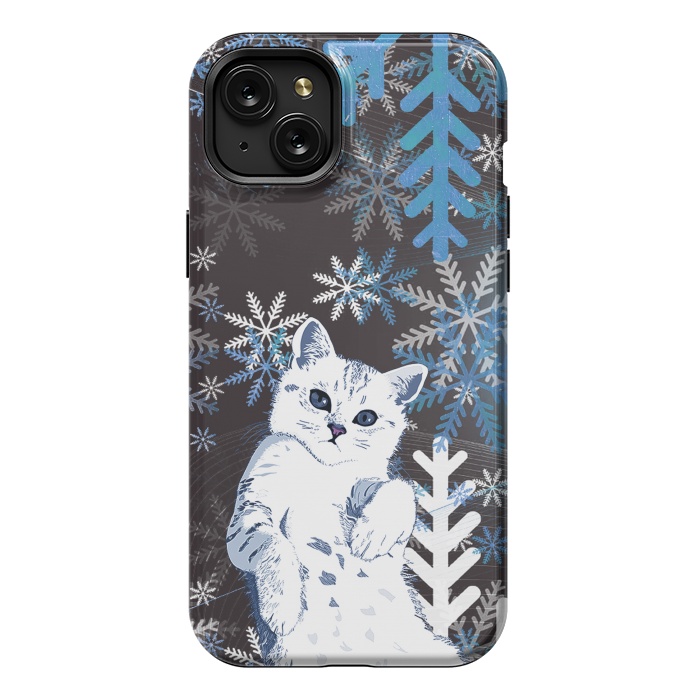 iPhone 15 Plus StrongFit Cute kitty with blue metallic snowflakes by Oana 