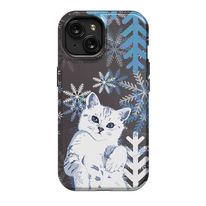 iPhone 15 StrongFit Cute kitty with blue metallic snowflakes by Oana 