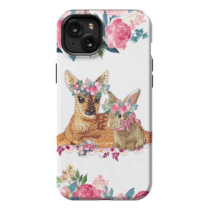 iPhone 15 Plus StrongFit Flower Friends Fawn Bunny Lace by Monika Strigel