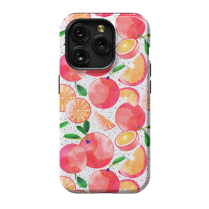 iPhone 15 Pro StrongFit Citrus Tropical | Juicy Fruits Polka Dots | Food Orange Grapefruit Pink Watercolor Botanica by Uma Prabhakar Gokhale