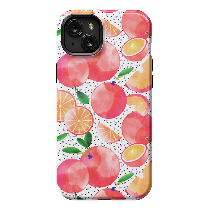 iPhone 15 Plus StrongFit Citrus Tropical | Juicy Fruits Polka Dots | Food Orange Grapefruit Pink Watercolor Botanica by Uma Prabhakar Gokhale