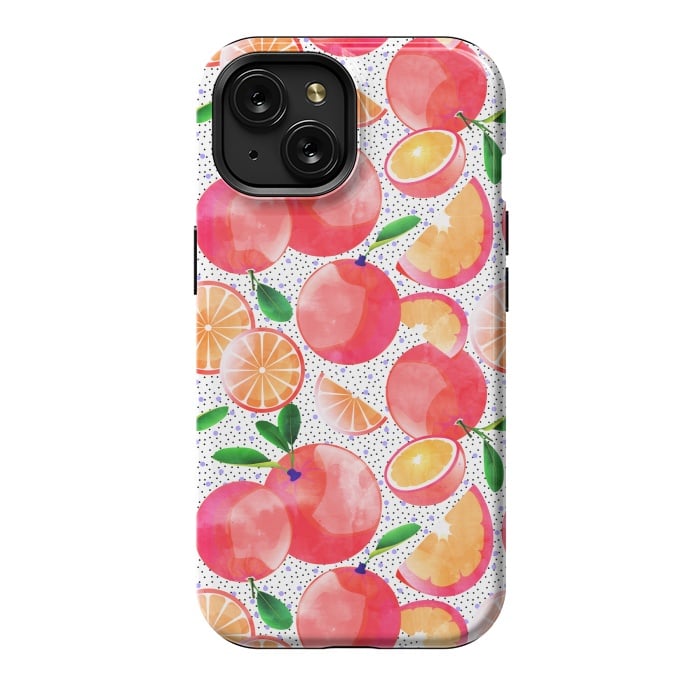 iPhone 15 StrongFit Citrus Tropical | Juicy Fruits Polka Dots | Food Orange Grapefruit Pink Watercolor Botanica by Uma Prabhakar Gokhale