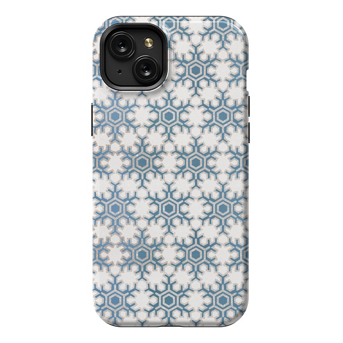iPhone 15 Plus StrongFit Blue silver snowflakes christmas pattern by Oana 