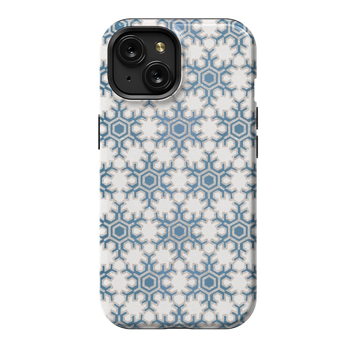 iPhone 15 StrongFit Blue silver snowflakes christmas pattern by Oana 