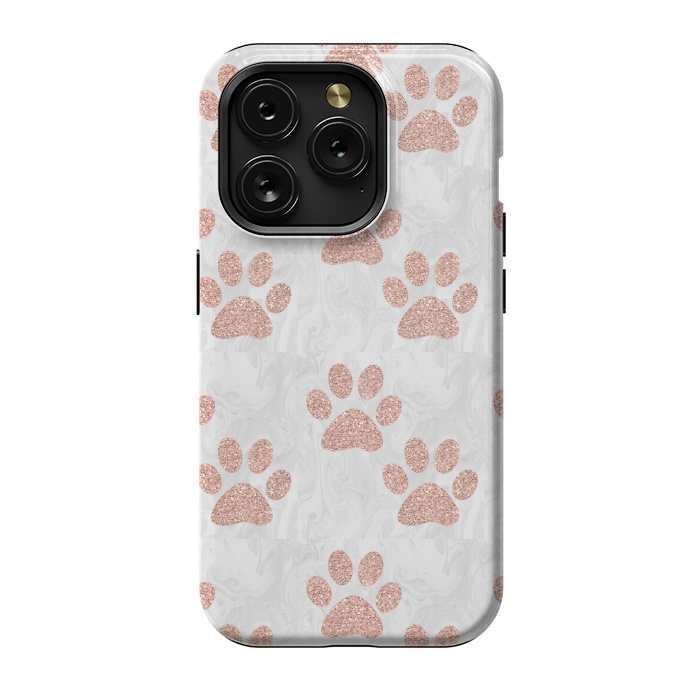 iPhone 15 Pro StrongFit Rose Gold Paw Prints on Marble by Julie Erin Designs