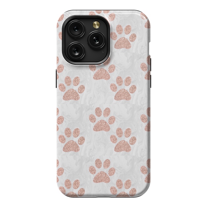 iPhone 15 Pro Max StrongFit Rose Gold Paw Prints on Marble by Julie Erin Designs