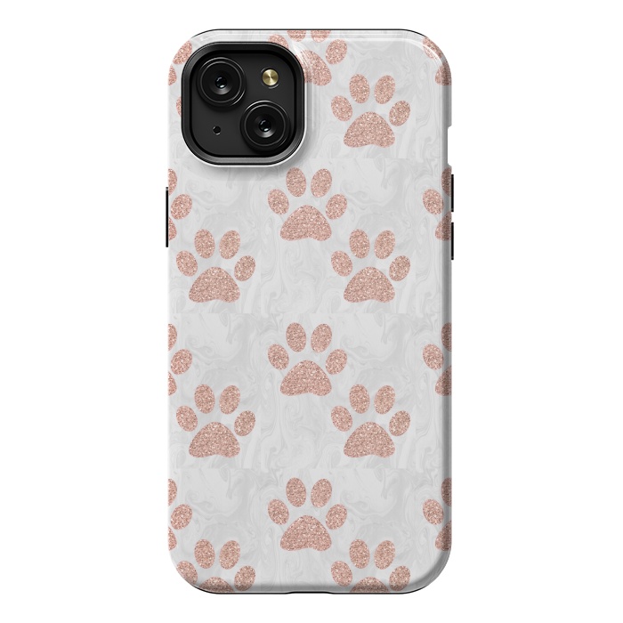 iPhone 15 Plus StrongFit Rose Gold Paw Prints on Marble by Julie Erin Designs