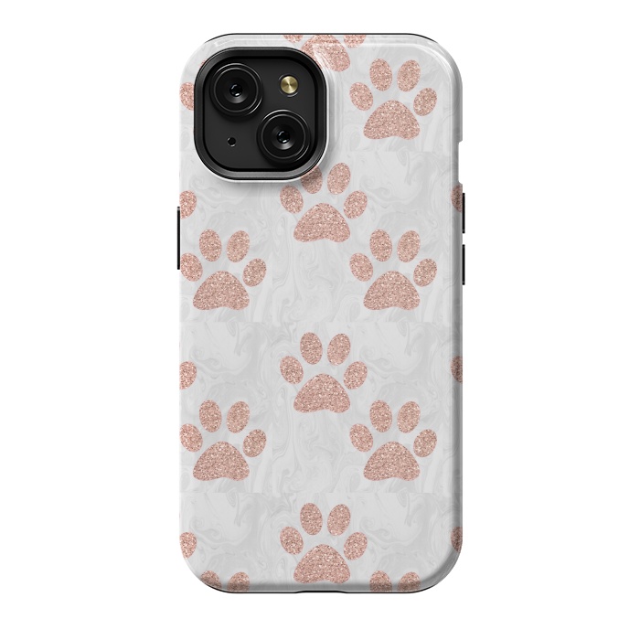 iPhone 15 StrongFit Rose Gold Paw Prints on Marble by Julie Erin Designs