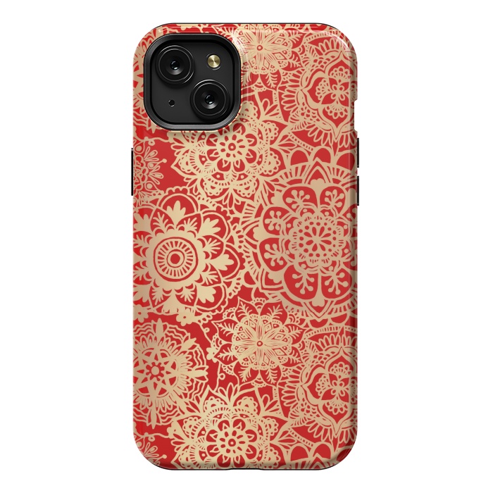 iPhone 15 Plus StrongFit Red and Gold Mandala Pattern by Julie Erin Designs