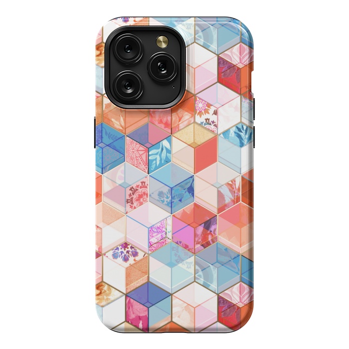 iPhone 15 Pro Max StrongFit Coral, Cream and Cobalt Kaleidoscope Cubes by Micklyn Le Feuvre