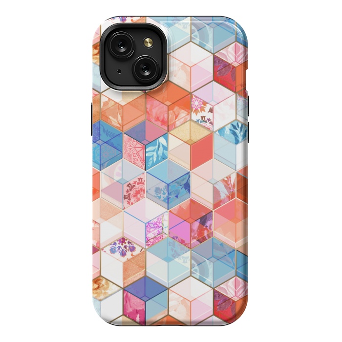 iPhone 15 Plus StrongFit Coral, Cream and Cobalt Kaleidoscope Cubes by Micklyn Le Feuvre