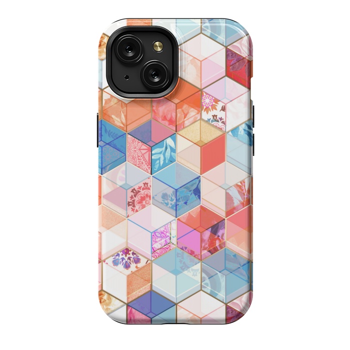 iPhone 15 StrongFit Coral, Cream and Cobalt Kaleidoscope Cubes by Micklyn Le Feuvre