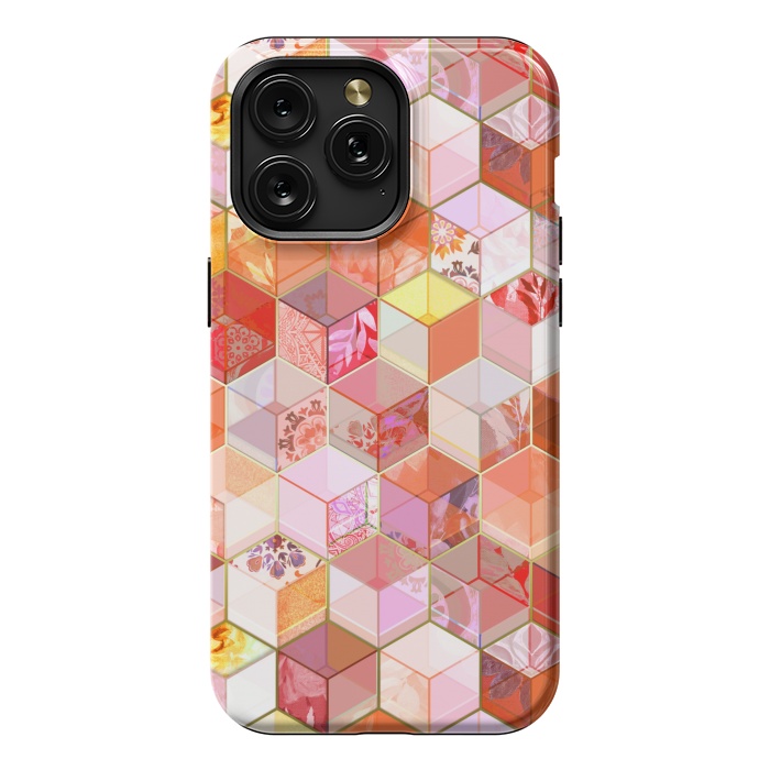 iPhone 15 Pro Max StrongFit Gold and Garnet Kaleidoscope Cubes by Micklyn Le Feuvre