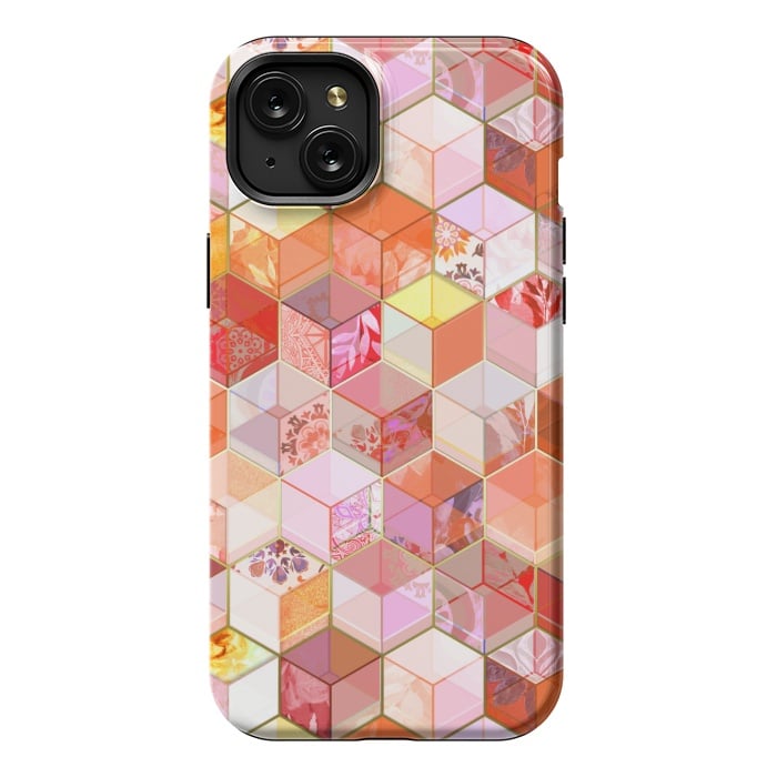 iPhone 15 Plus StrongFit Gold and Garnet Kaleidoscope Cubes by Micklyn Le Feuvre