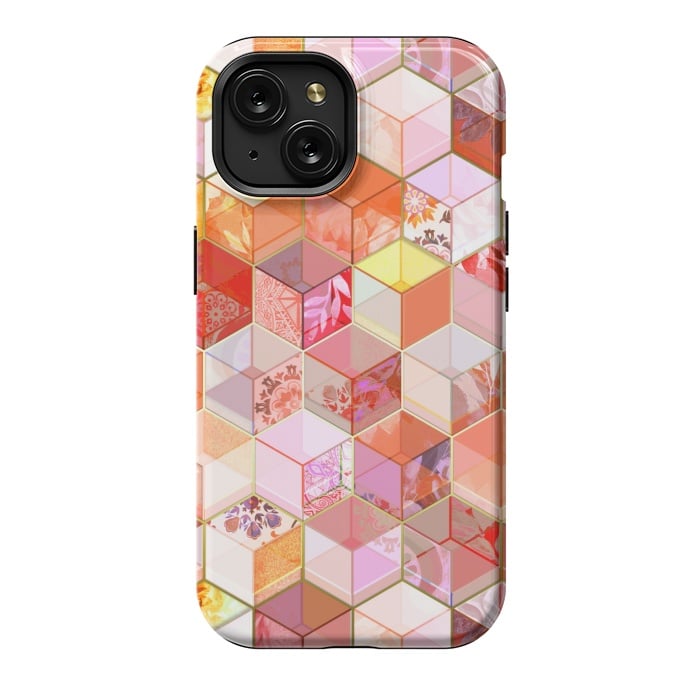 iPhone 15 StrongFit Gold and Garnet Kaleidoscope Cubes by Micklyn Le Feuvre