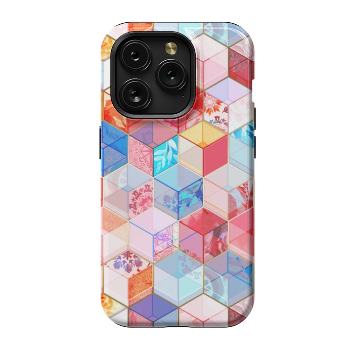 iPhone 15 Pro StrongFit Ruby and Topaz Kaleidoscope Cubes by Micklyn Le Feuvre