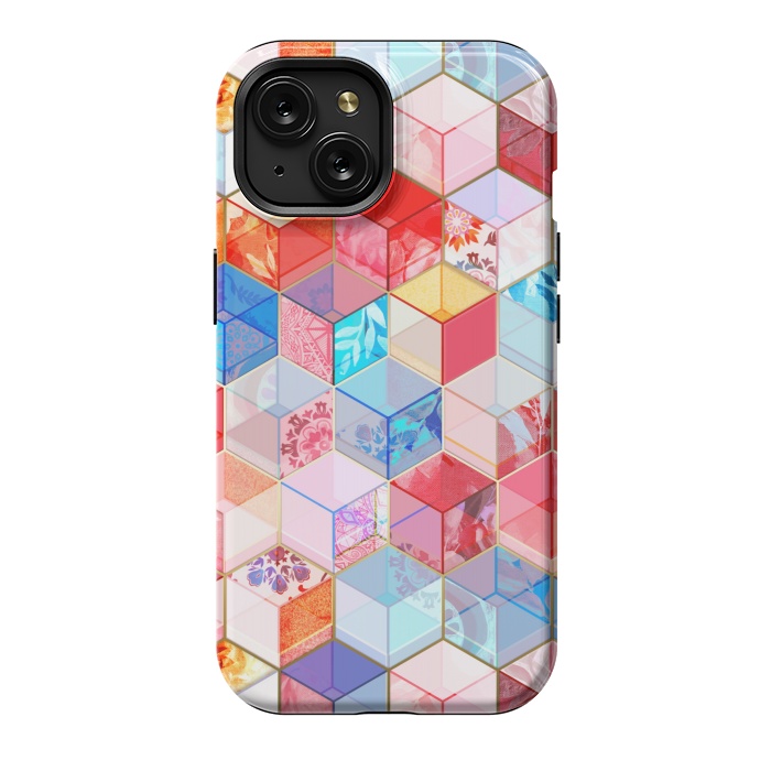 iPhone 15 StrongFit Ruby and Topaz Kaleidoscope Cubes by Micklyn Le Feuvre