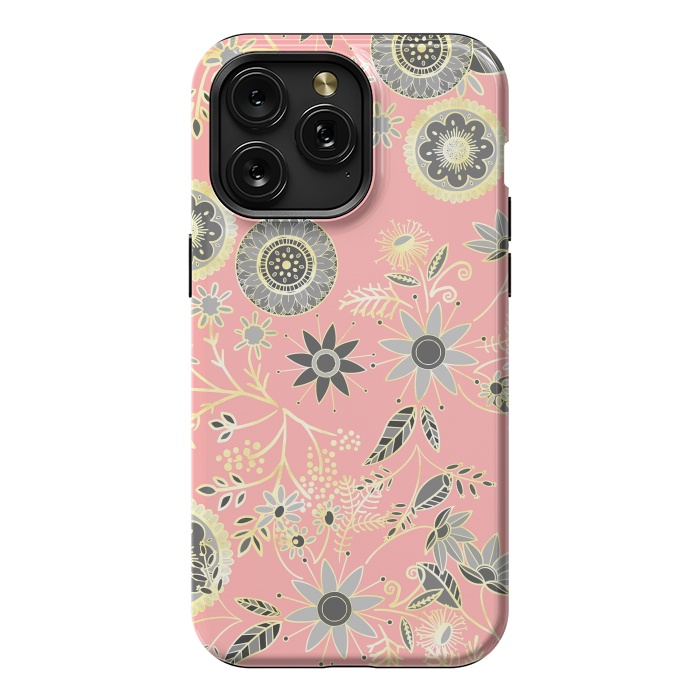 iPhone 15 Pro Max StrongFit Elegant Gray and Pink Folk Floral Golden Design by InovArts