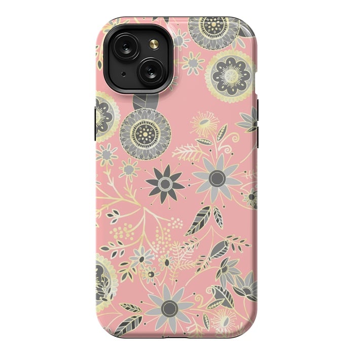 iPhone 15 Plus StrongFit Elegant Gray and Pink Folk Floral Golden Design by InovArts