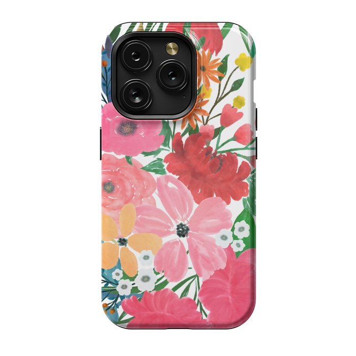 iPhone 15 Pro StrongFit Trendy Pink watercolor Floral Bouquet White Design by InovArts