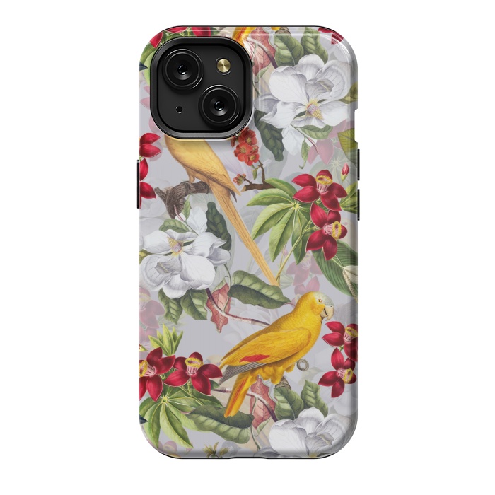 iPhone 15 StrongFit Antique Yellow Parrots in Flower Jungle by  Utart