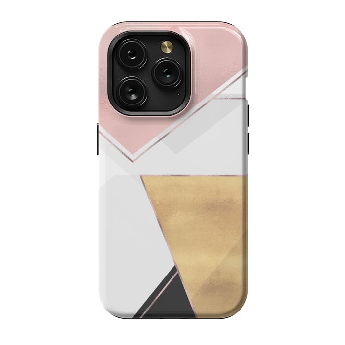 iPhone 15 Pro StrongFit Stylish Gold and Rose Pink Geometric Abstract Design by InovArts