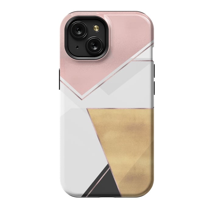 iPhone 15 StrongFit Stylish Gold and Rose Pink Geometric Abstract Design by InovArts