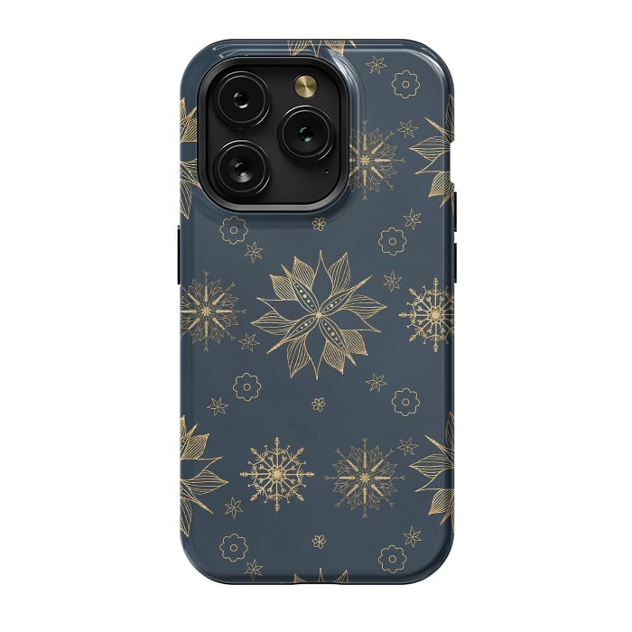 iPhone 15 Pro StrongFit Elegant Gold Blue Poinsettias Snowflakes Pattern by InovArts