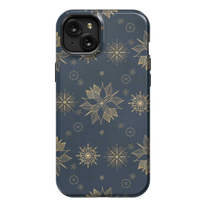 iPhone 15 Plus StrongFit Elegant Gold Blue Poinsettias Snowflakes Pattern by InovArts
