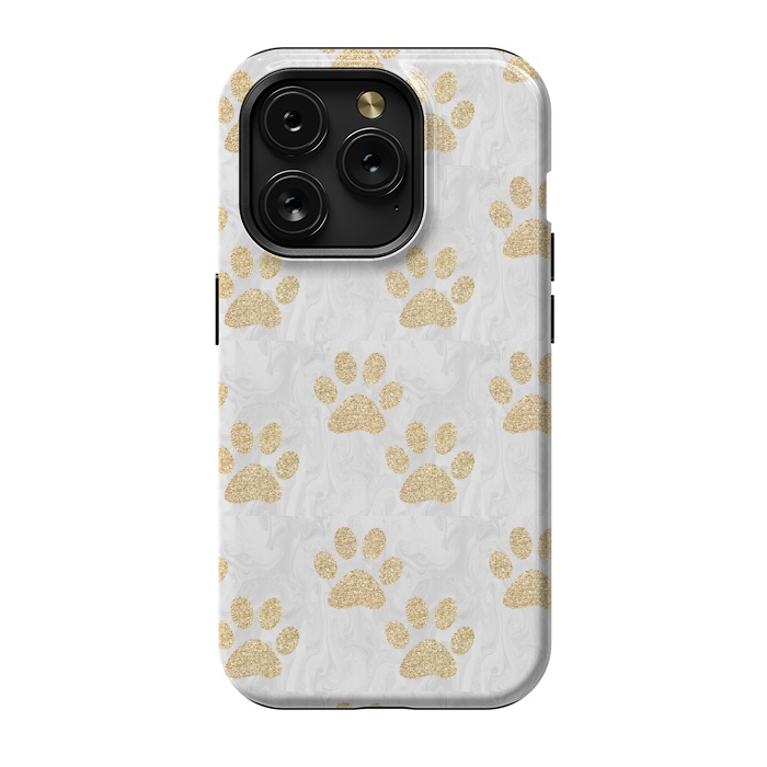 iPhone 15 Pro StrongFit Gold Paw Prints on Marble by Julie Erin Designs