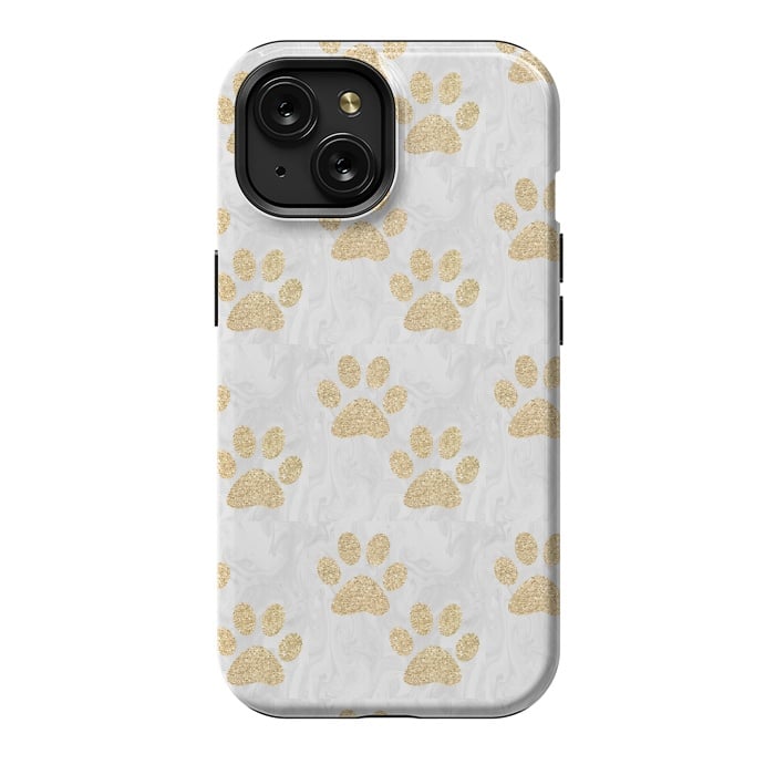 iPhone 15 StrongFit Gold Paw Prints on Marble by Julie Erin Designs