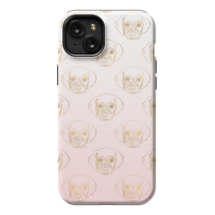 iPhone 15 Plus StrongFit Girly Gold Puppy Dog White Pink Gradient Pattern by InovArts