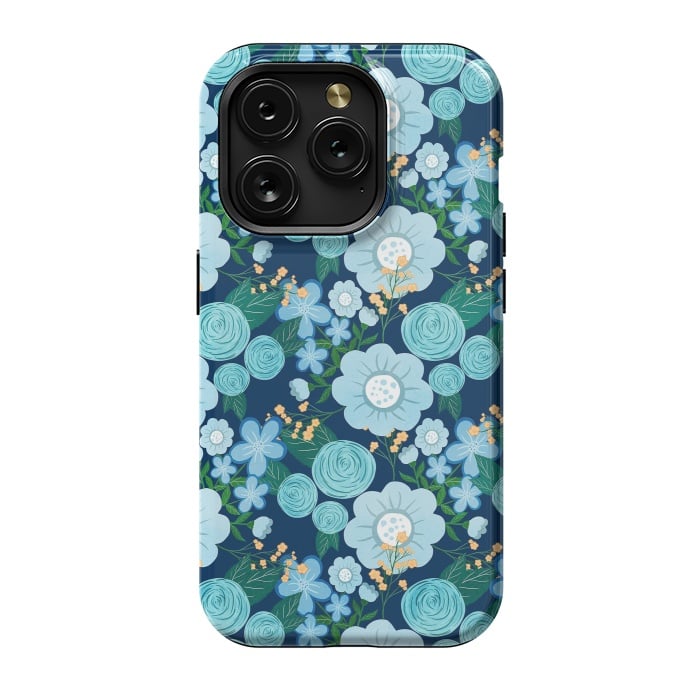 iPhone 15 Pro StrongFit Cute Girly Blue Hand Drawn Flowers Pattern by InovArts