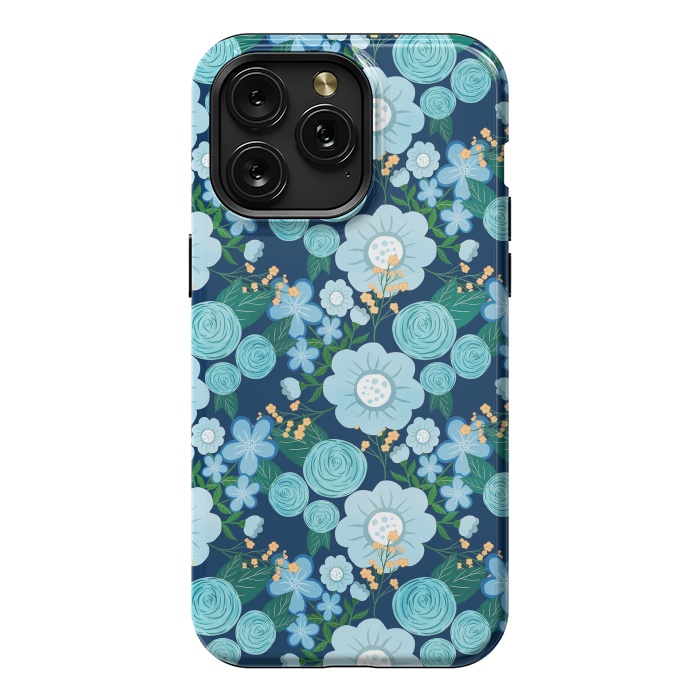 iPhone 15 Pro Max StrongFit Cute Girly Blue Hand Drawn Flowers Pattern by InovArts