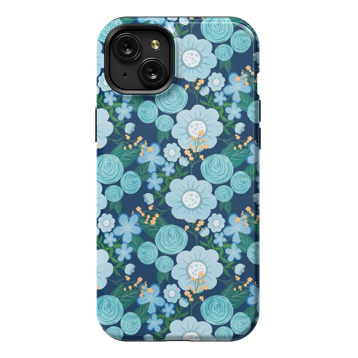 iPhone 15 Plus StrongFit Cute Girly Blue Hand Drawn Flowers Pattern by InovArts