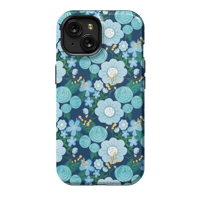 iPhone 15 StrongFit Cute Girly Blue Hand Drawn Flowers Pattern by InovArts