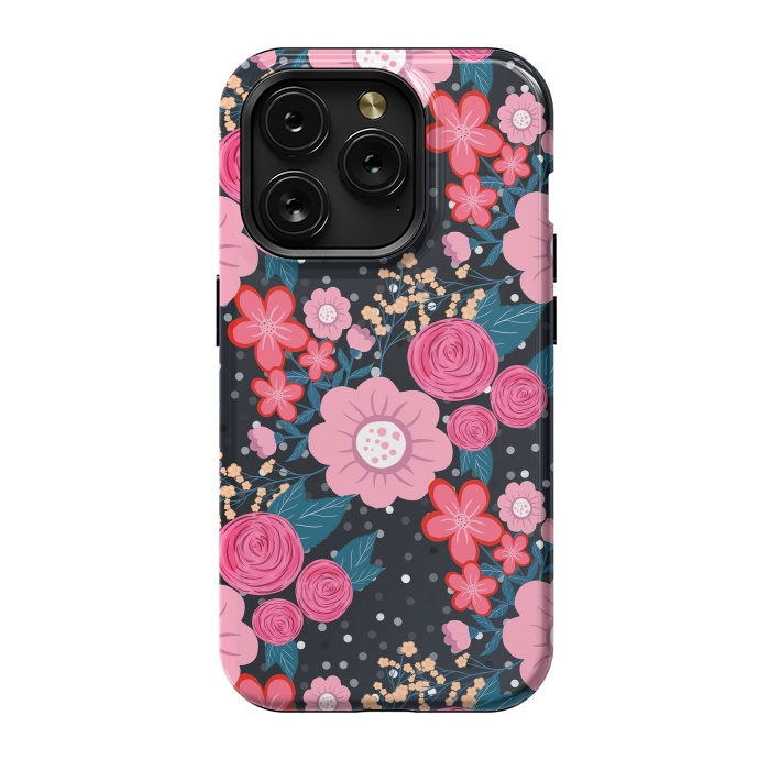 iPhone 15 Pro StrongFit Pretty girly pink Floral Silver Dots Gray design by InovArts