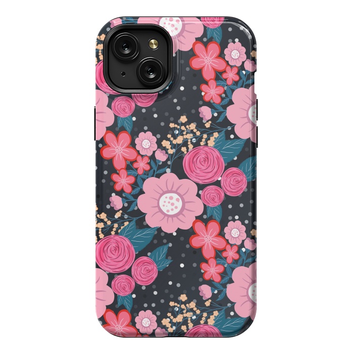 iPhone 15 Plus StrongFit Pretty girly pink Floral Silver Dots Gray design by InovArts