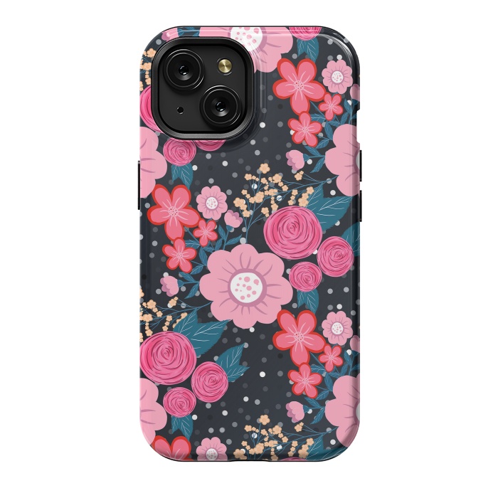 iPhone 15 StrongFit Pretty girly pink Floral Silver Dots Gray design by InovArts