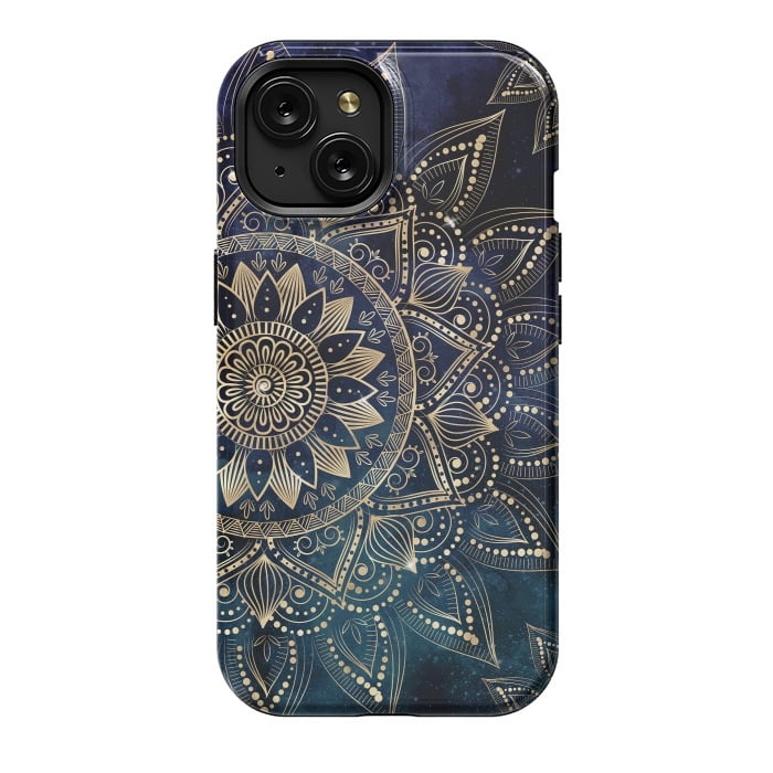 iPhone 15 StrongFit Elegant Gold Mandala Blue Galaxy Design by InovArts