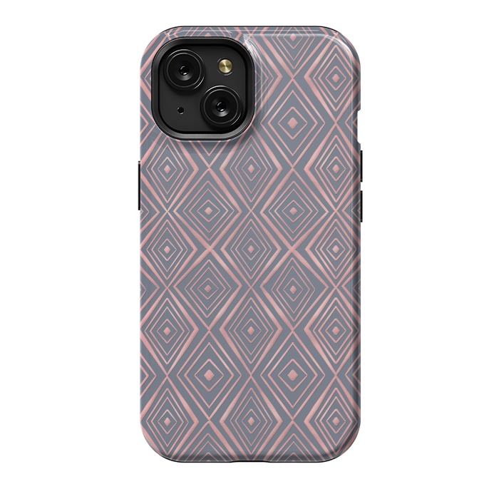 iPhone 15 StrongFit Stylish Rose Gold Diamond Shapes Doodles Gray Pattern by InovArts